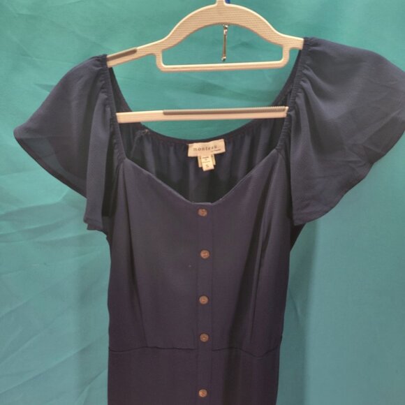 Monteau Womens Navy Button-Down Maxi Dress With Flutter Sleeves Belt & Slit Size - Picture 2 of 9
